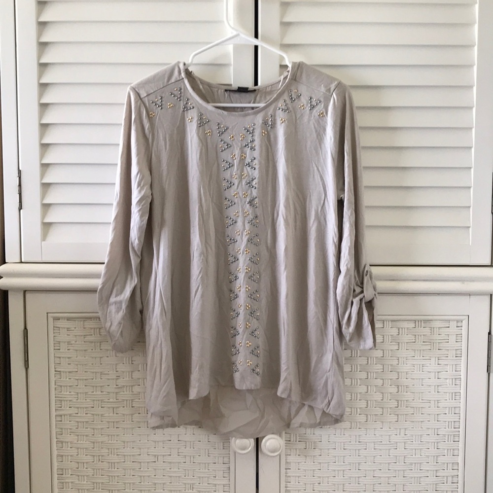 Style & Co Tan Roll Tab Sleeves Blouse Studs PL